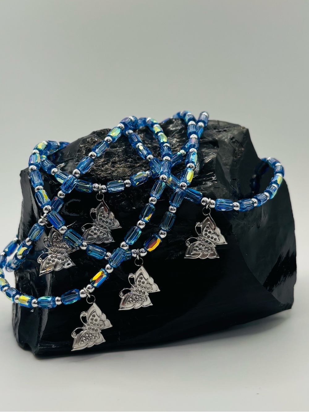 *ANKLET* Silver Butterfly with AB Blue Crystal Stretchy Anklet